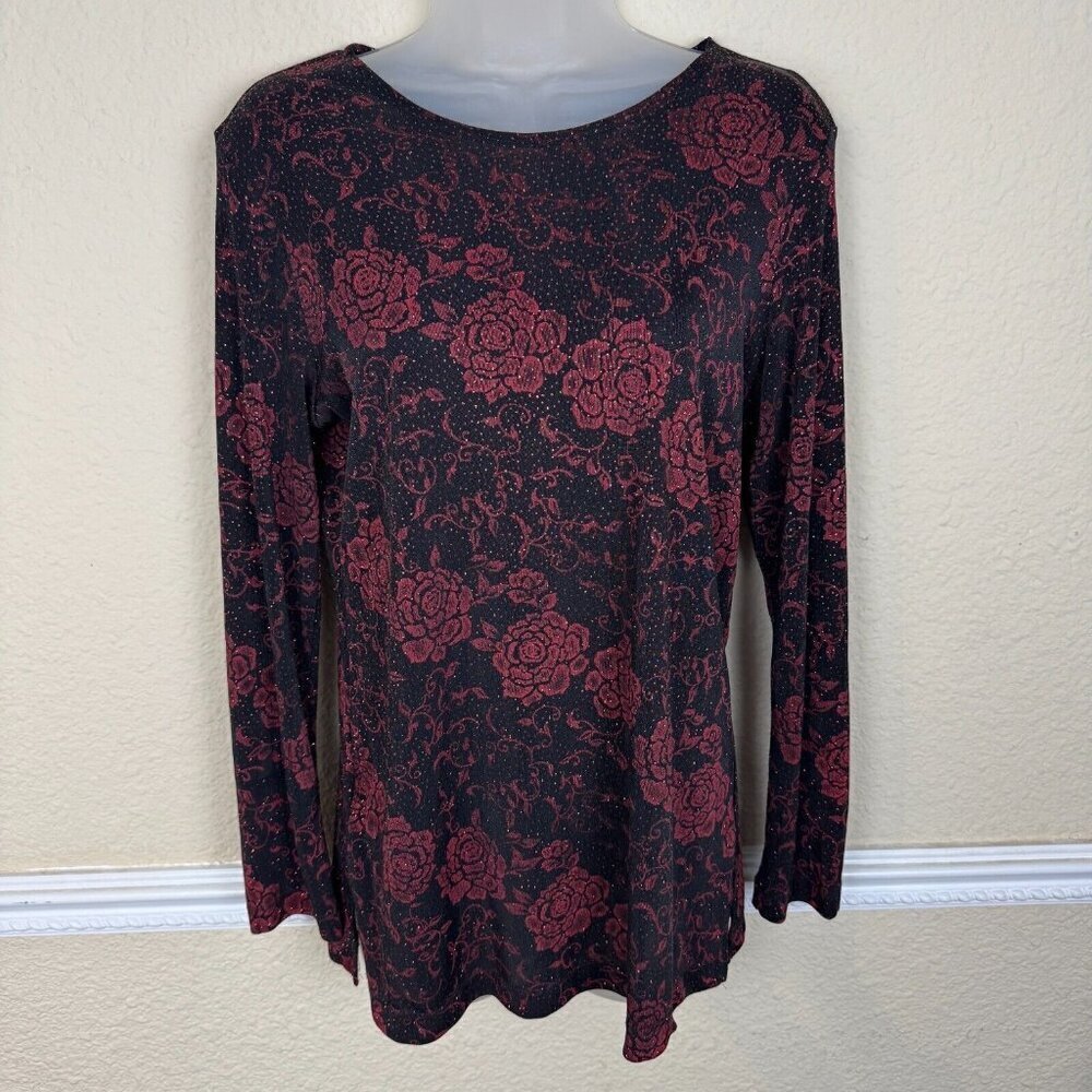 Vintage 90's Notations Long Sleeve Black Red Glitter Roses Whimsigoth Fiary Goth